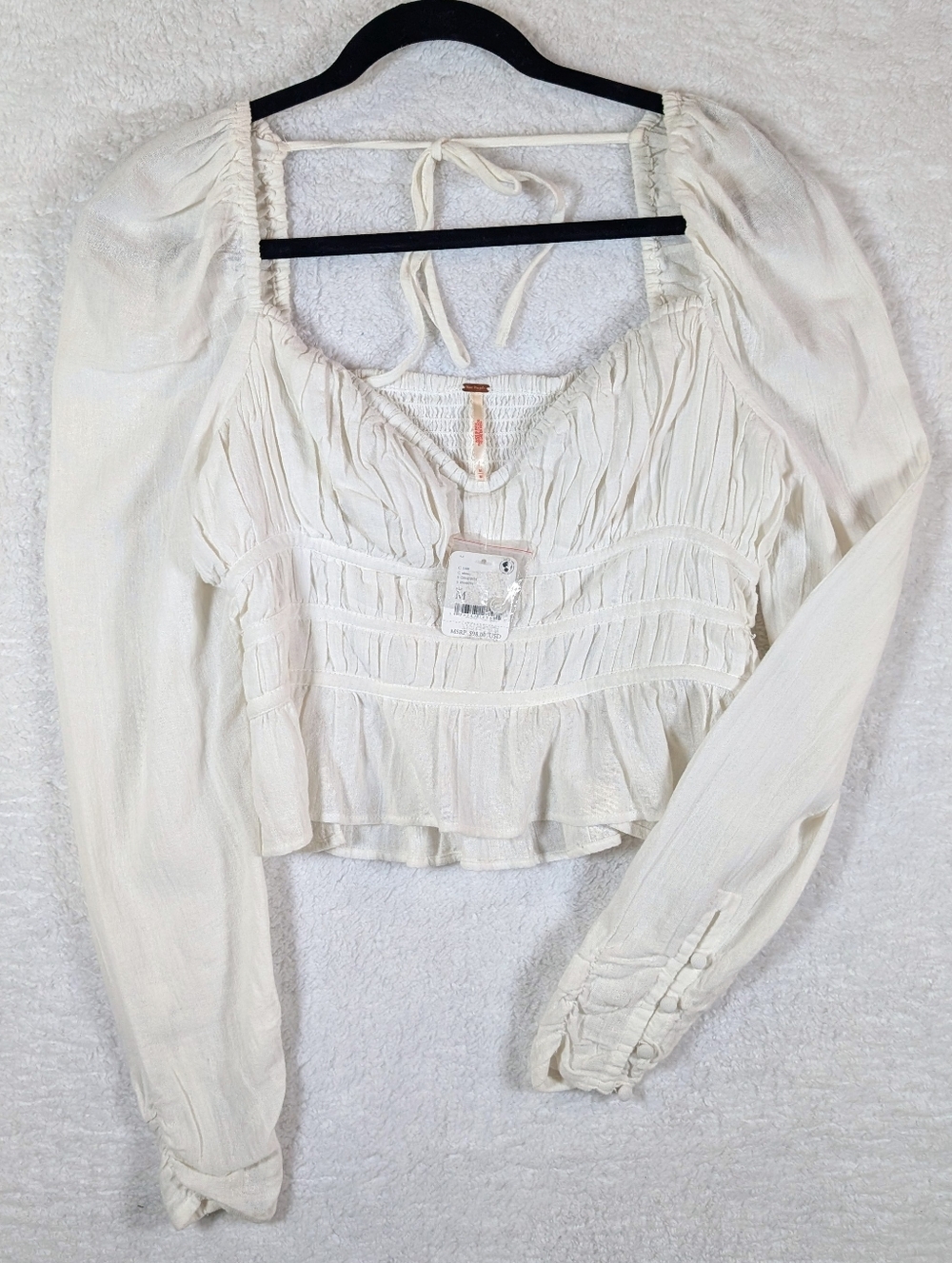 Free People Off White  Smocked Peasant Blouse with Tie Neck 💯 Cotton